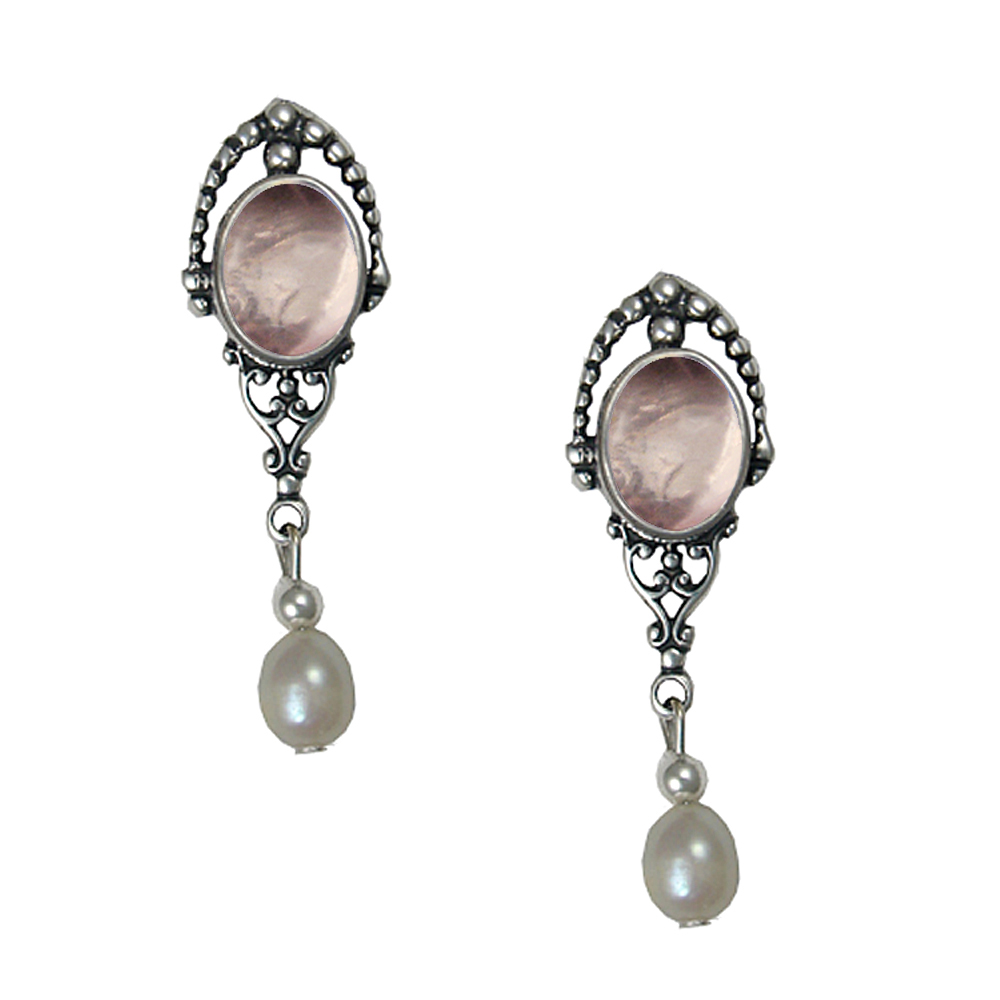 Sterling Silver Cultured Freshwater Pearl Drop Dangle Earrings With Rose Quartz